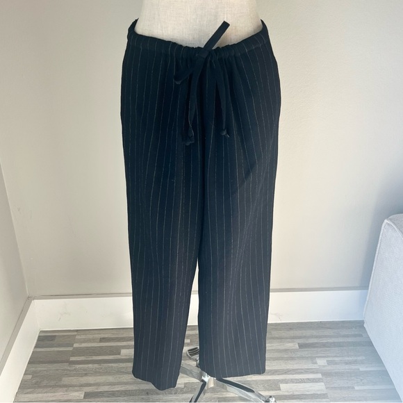 Vintage Saks Fifth Avenue wool drawstring black pinstripe wide leg trousers - Picture 2 of 7
